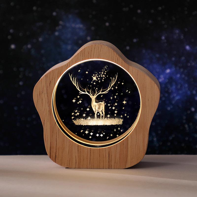 Crystal Desktop Luminous Ornaments Wooden Frame USB Night Light Gift