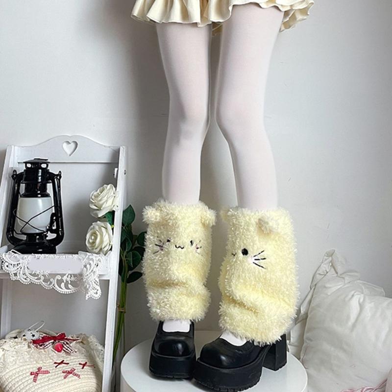 Japanese Cute Cats Ears Faux Furs Leg Warmers for Women Girls Warm Thermal Fuzzy Plush Foot Covers Long Calf Socks