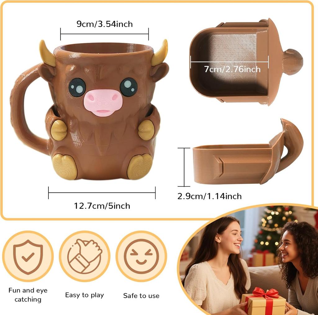 Cute Cow Ice Cream Pint Holder with Handle – 3D Printed Insulated Sleeve for 16oz Containers | Gift for Animal Lovers