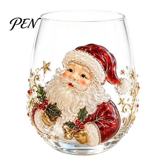 Elegant Wine Glass Set Creative Transparent Santa Claus Pattern Mug, 3D Embossed Christmas Aesthetic Tea Cups, Drinking with Tree Wreath Socks Design,