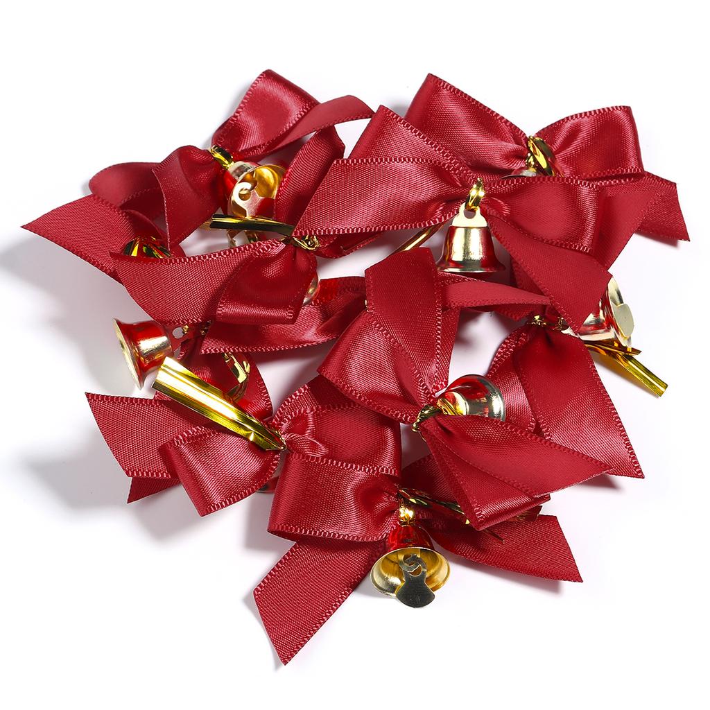 10pcs/lot Christmas Bow Exquisite Polyester Printed Bowknot With Bell For DIY Crafts Garment Ornament Christmas Tree Decoration