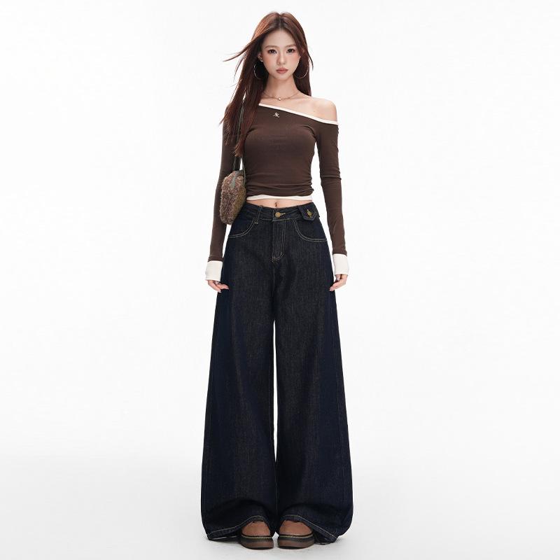 

Women s American Retro Dark Blue High Waist Wide Leg Jeans - Fall 2025 Collection Extra Small