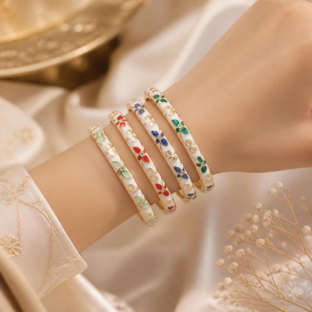 Elegant Open Cuff Bracelet Chinese Style Women's Floral Bracelet Enamel Flower Bangle Bride