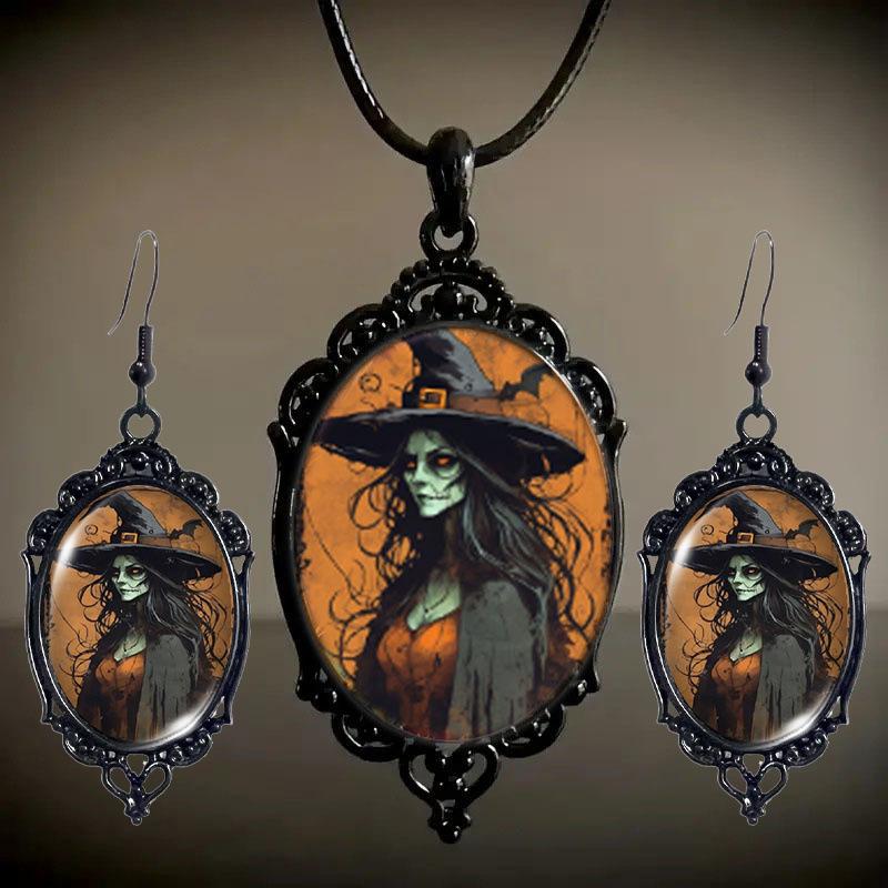 Vintage Style Oval Pendant Necklace and Matching Earrings Set with Gothic Witch Illustration Black Metal Frame for Costume Jewelry One Size чёрный