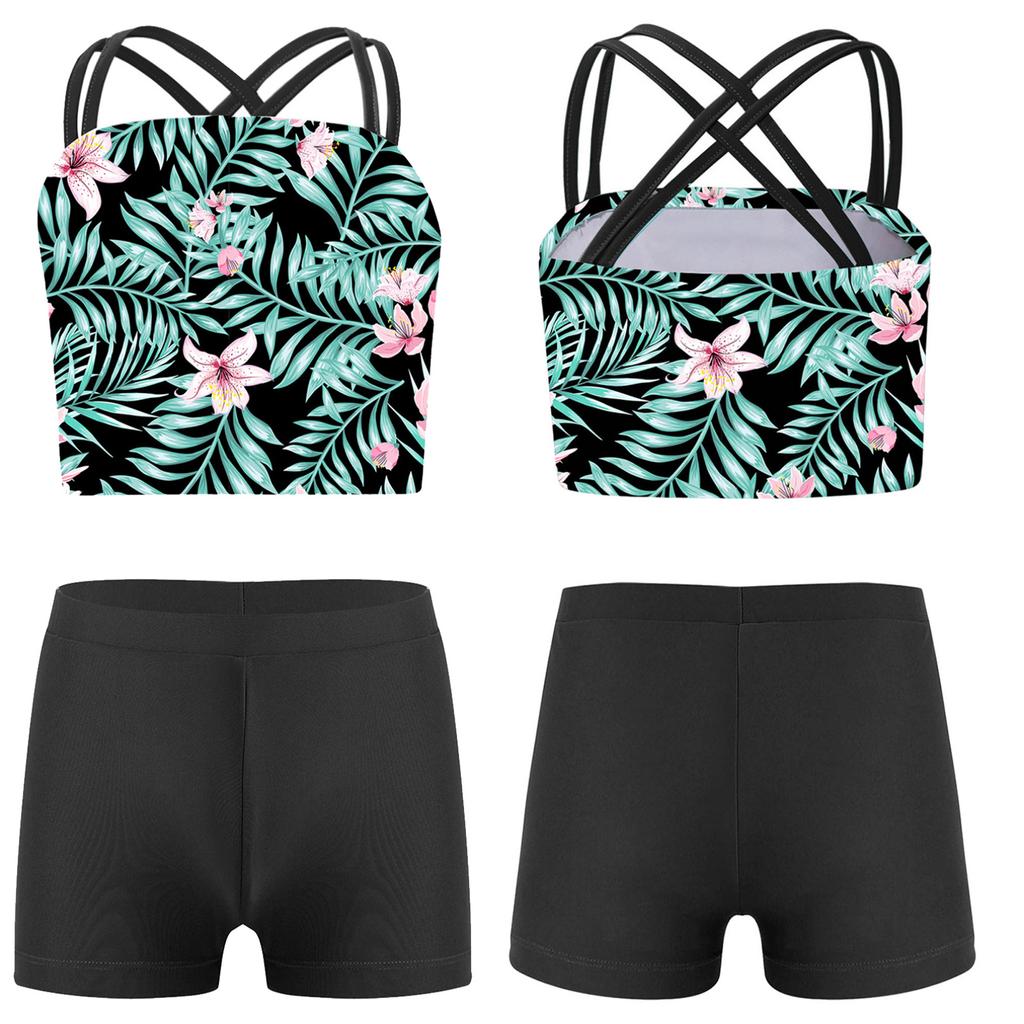 Kids Girls Swimwear Set Double Shoulder Straps Tank Top with Shorts for Beach Pool Swimming Bathing