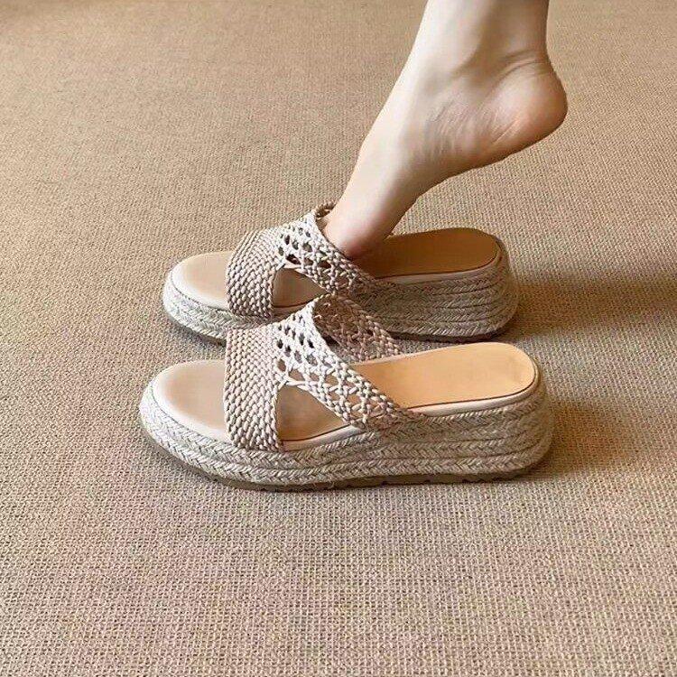 Sheepskin Version~ Thick-soled Retro Straw Woven One-word Sandals Women's Versatile Super Fire Leather Woven Comfortable Commuter Fisherman Shoes