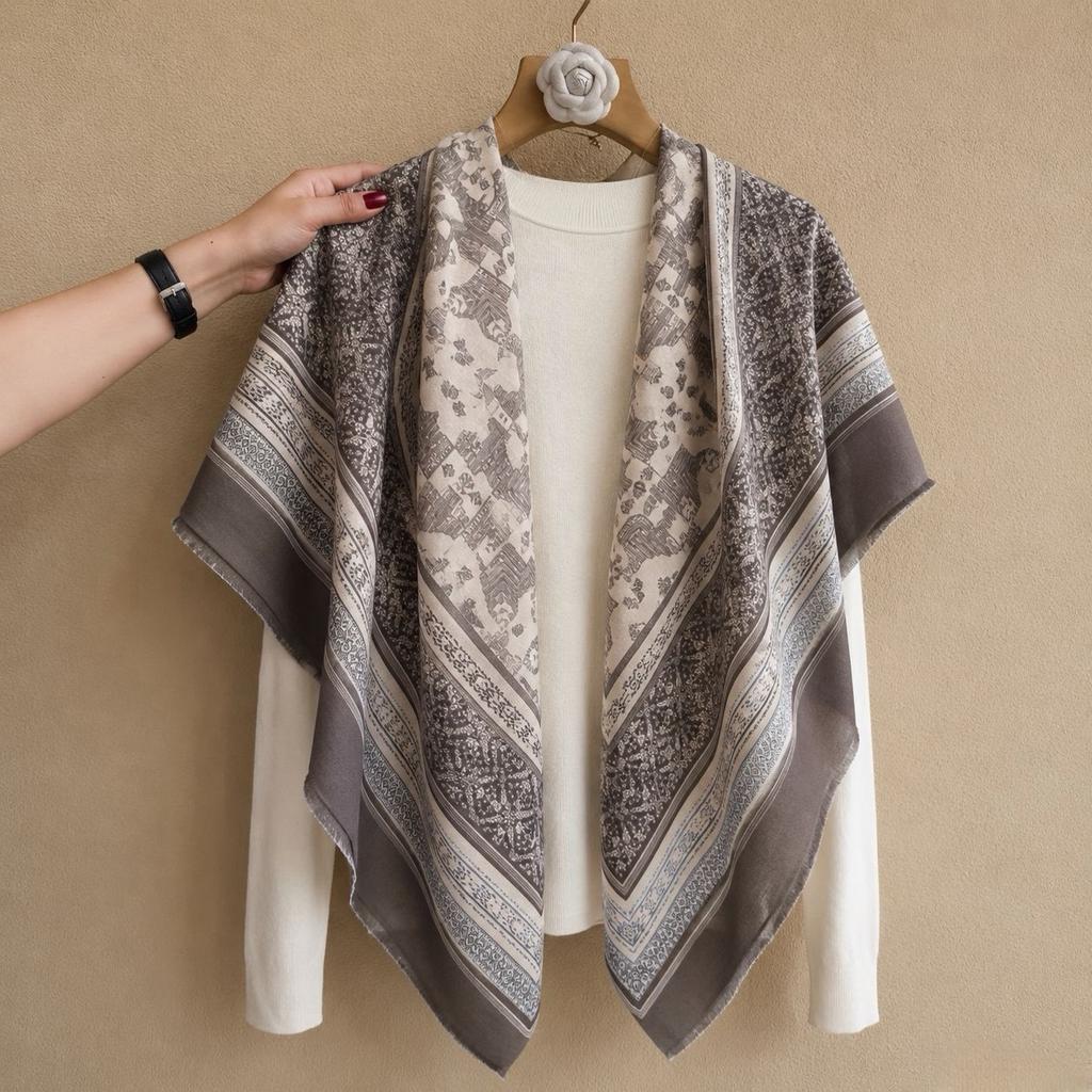 oversized beige flower travel sunscreen sunshade cotton and linen scarf women's silk scarf 111cm large square scarf shawl dual-purpose