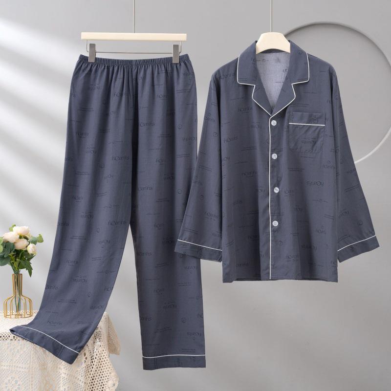 Men's Cotton Silk Long Sleeve Pajama Set, Plus Size, Cardigan, Wear Outdoors, Internet Trend, Pure Cotton, Simple & Comfortable Homewear