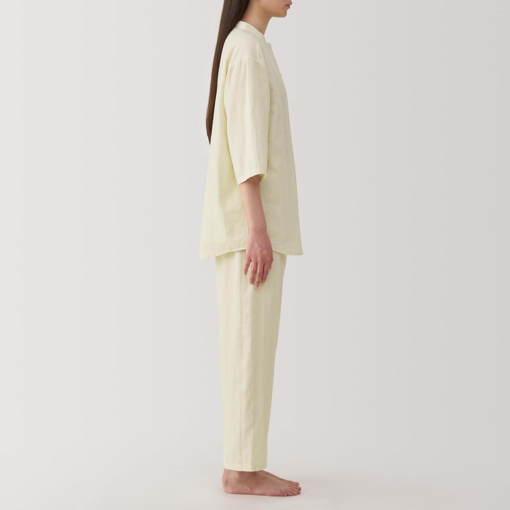 MUJI Seamless Thin Gauze Sleeve Light Yellow Size FD1L7A5S Women's 3/4 Pajamas, Stripe, XS,