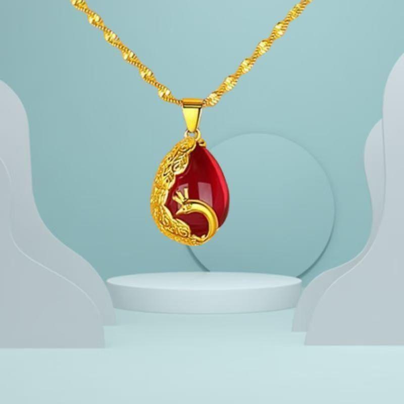 Sand Gold Red Peacock Pendant with Water Wave Chain - Unisex Alloy Jewelry