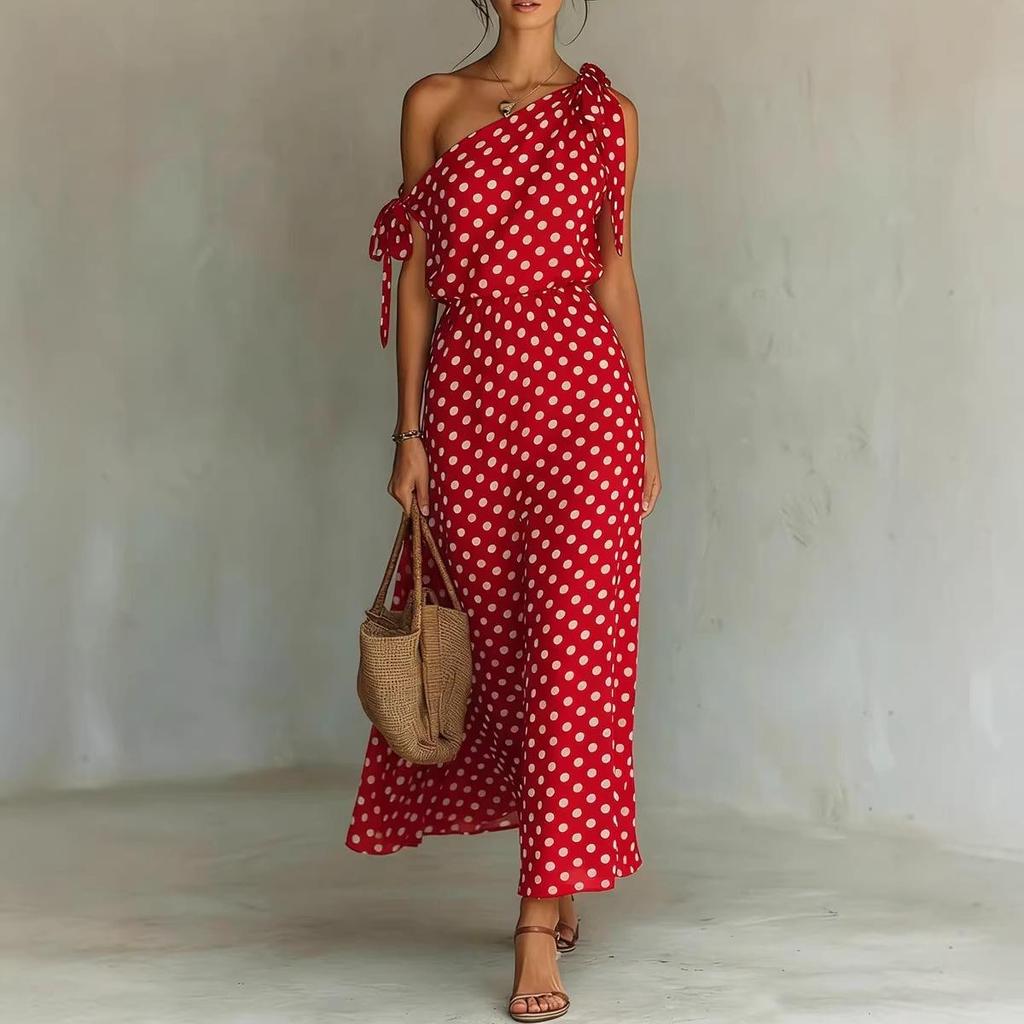 2026 Europäisch-Amerikanischer Stil Damen schulterfreies ärmelloses gepunktetes Kleid