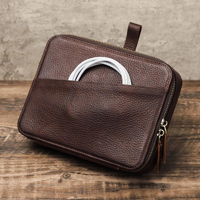 Vintage Cowhide Multi-Compartment Watch Strap Storage Box with Zipper Closure for Mechanical Wristwatches
