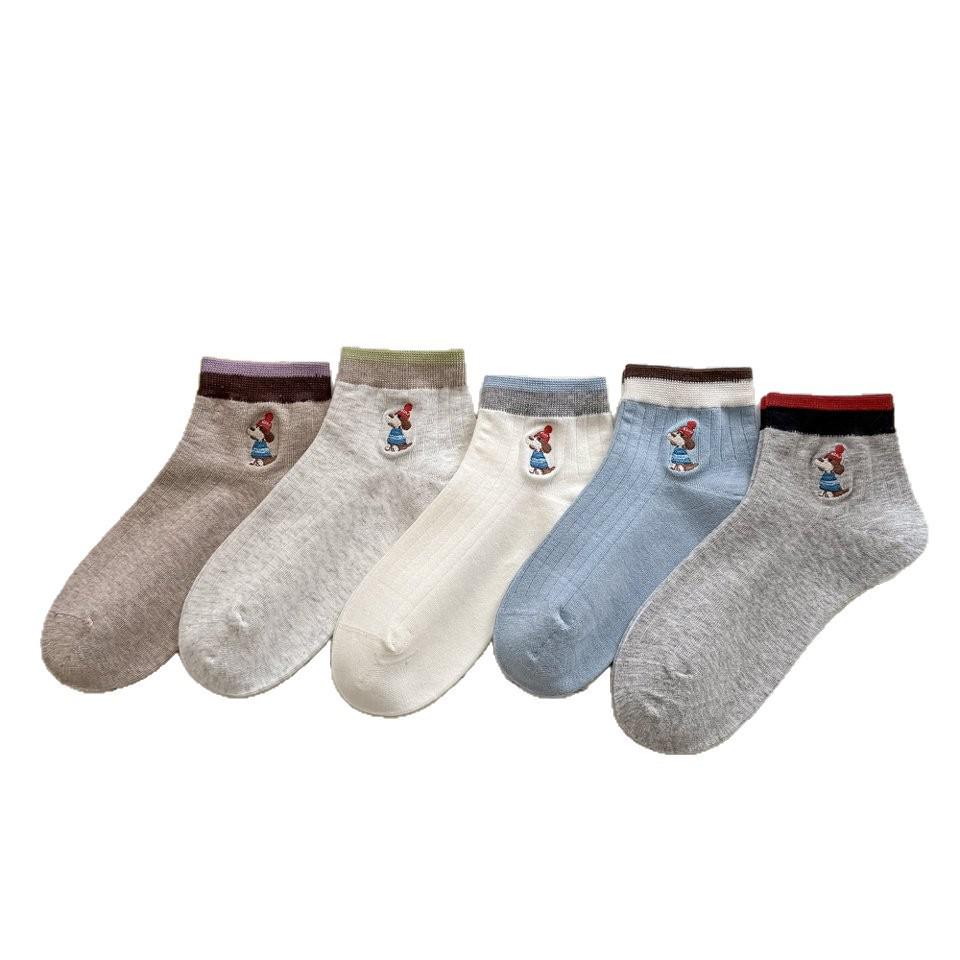 Women's Cute Cartoon Embroidered Ankle Socks - Breathable, Thin, Color Block, Ribbed Cuff for Spring/Summer