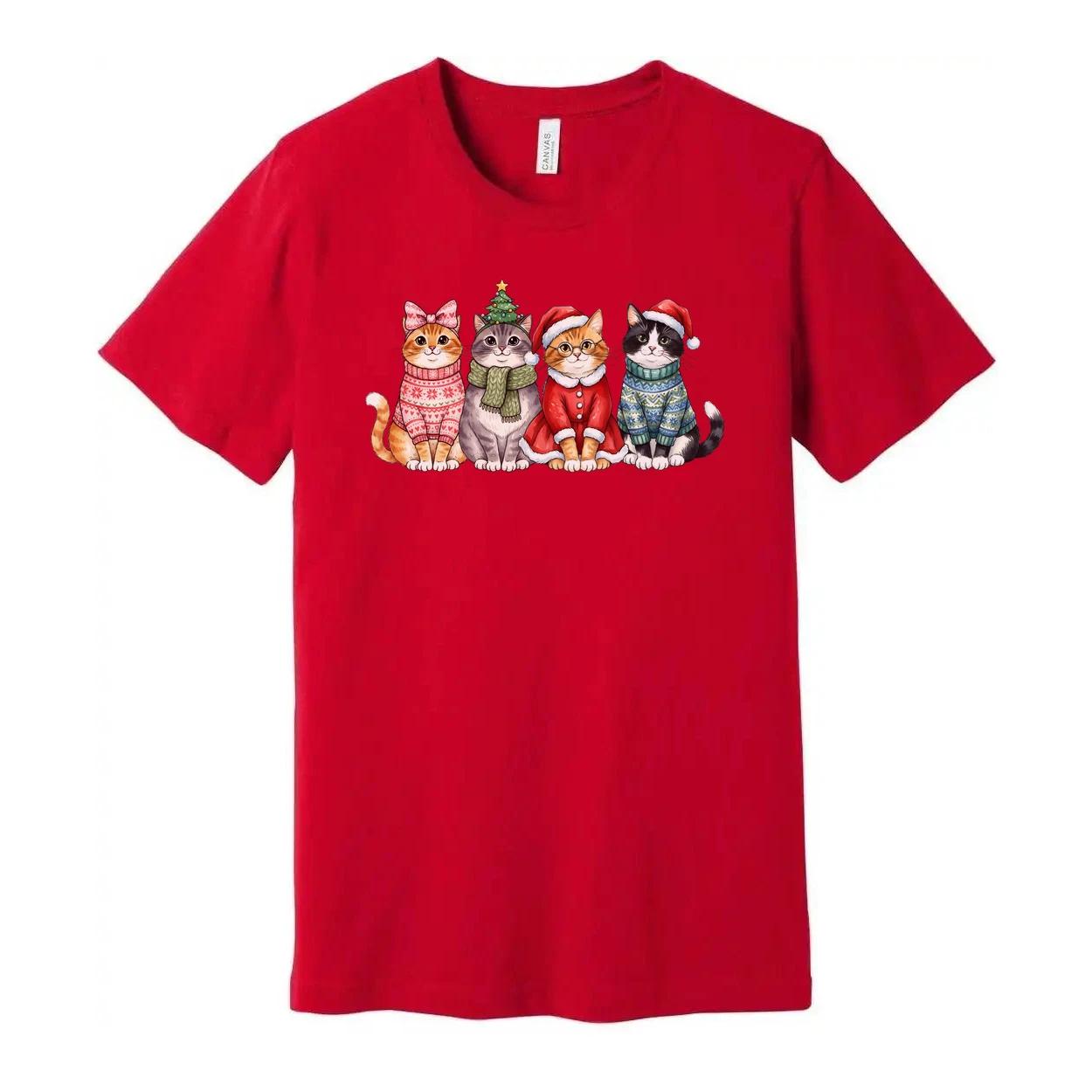 Holiday Cat Friends Christmas Themed T Shirt With Five Festive Cats Wearing Swea M