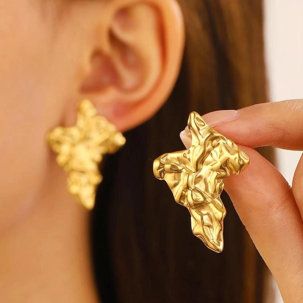 Exaggerated Gold Color Heart Oval Earrings For Women Metal Earing Jewelry Trending Irregular Wrinkled Geometric Earrings