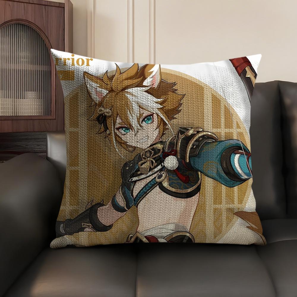 Gorou Genshin Impact Cute Cushion Cover Natural Linen Organic Fabric Double-Sided Printing Sofa Home Decor Gift Pillow Case