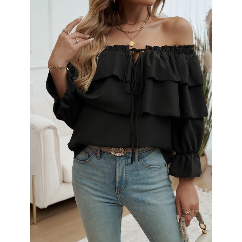 Women's Loose Drawstring Off Shoulder Lantern Sleeve Top