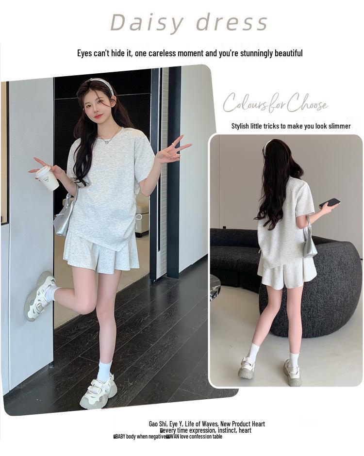 2026 Rhinestone Maternity Summer Outfit: Loose Short-Sleeve Top & Skirt Set for Slimming and Tummy-Covering.
