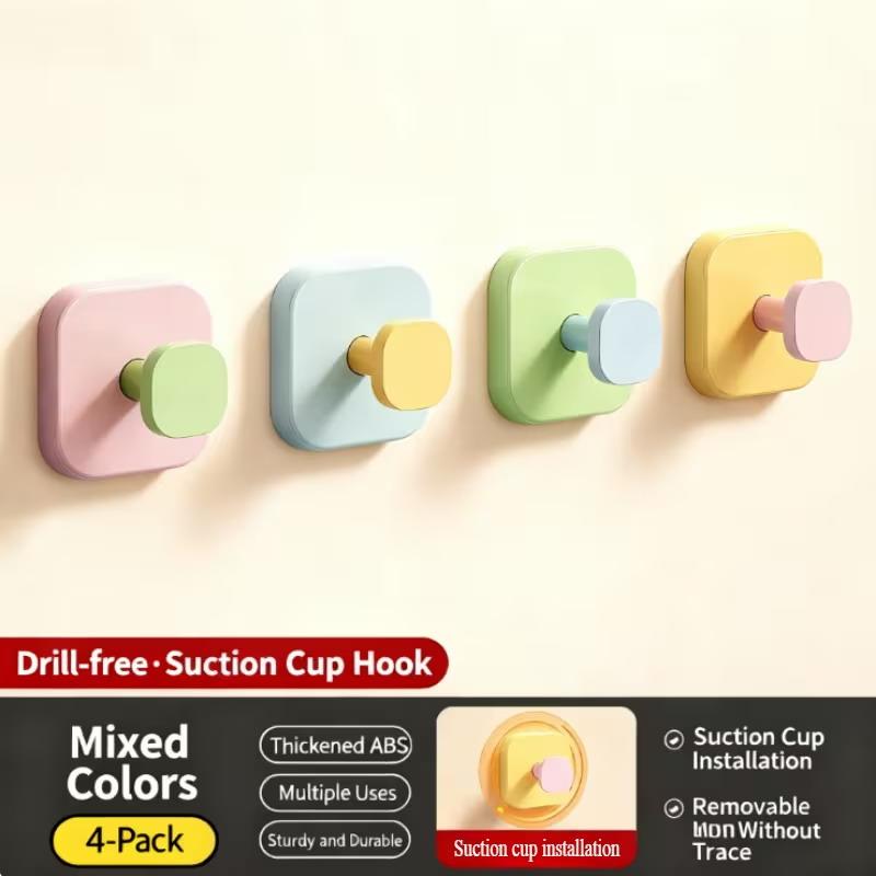 4pcs Dopamine Strong Suction Cup Hooks - Drill-Free & Trace-Free Adhesive Wall Hooks,ulti-Scene Home Organizer For Coat Hooks