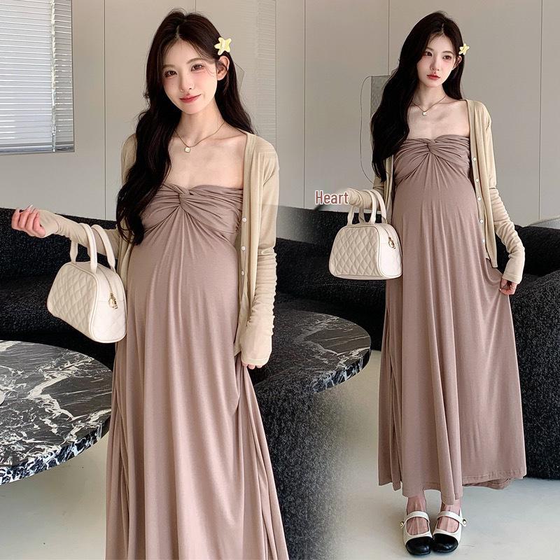 In-Stock Maternity Dress: 2026 French Strapless Long Spring/Summer Style for Trendy Moms M