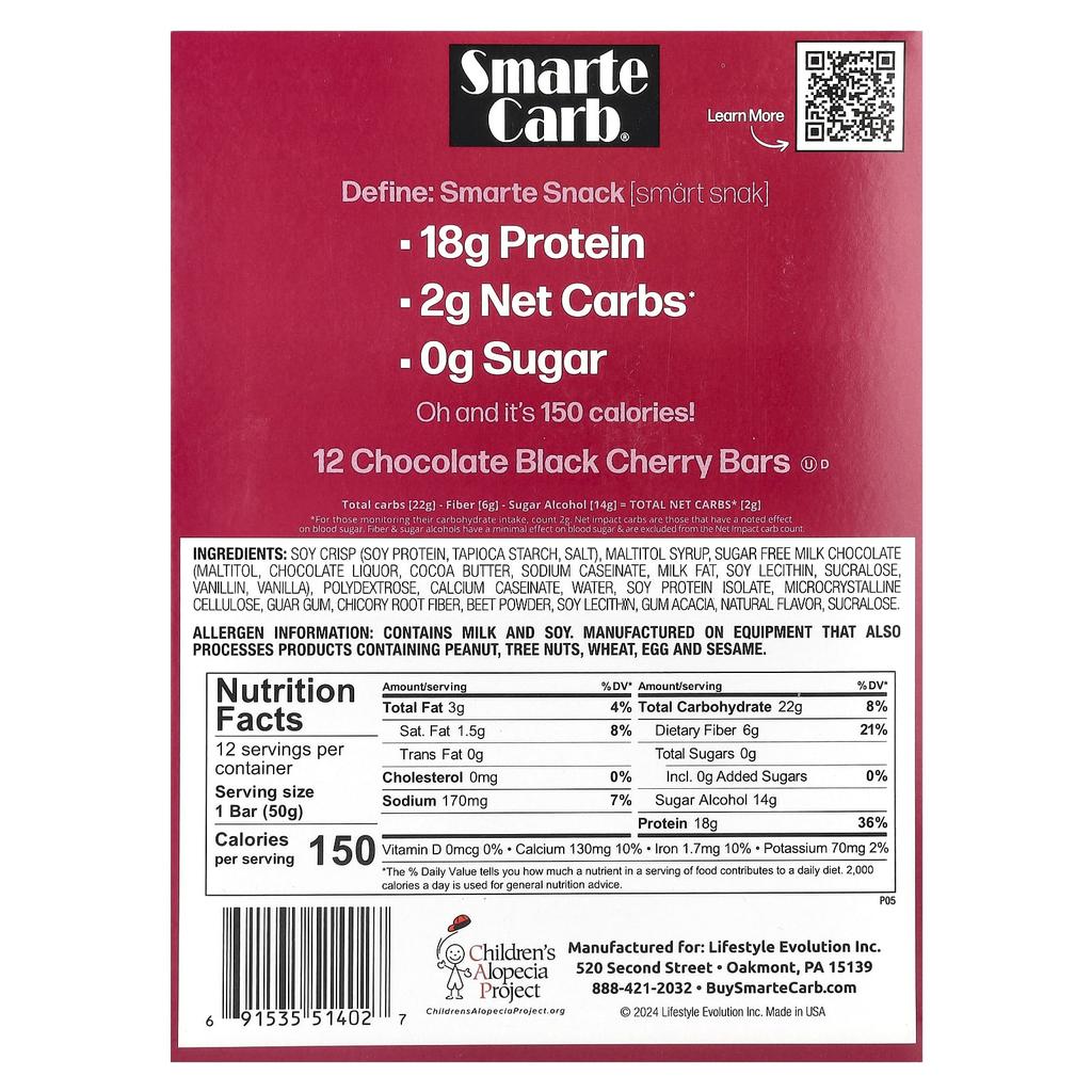 Smarte Carb® Protein Bar, Chocolate Black Cherry, 12 Bars, 50G (1.76Oz) Each