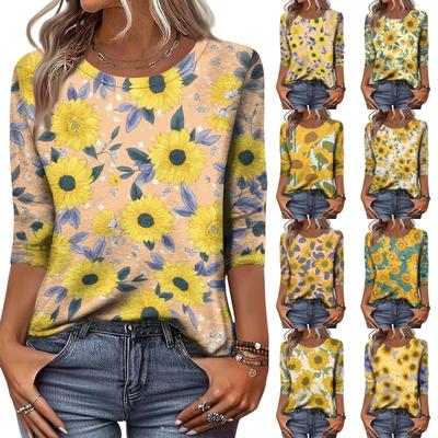 Top Camiseta Casual Feminino Moderno com Gola Redonda, Manga Três Quartos e Estampa