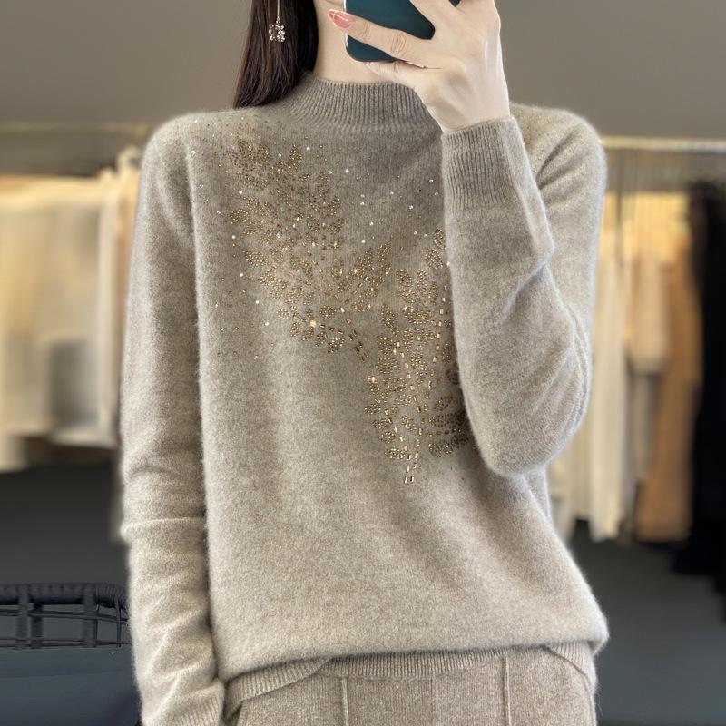 Crystal Mock Neck Elegant Sweater Women Stand Collar Base Layer Heavy Duty Beaded Knit Sweater Women