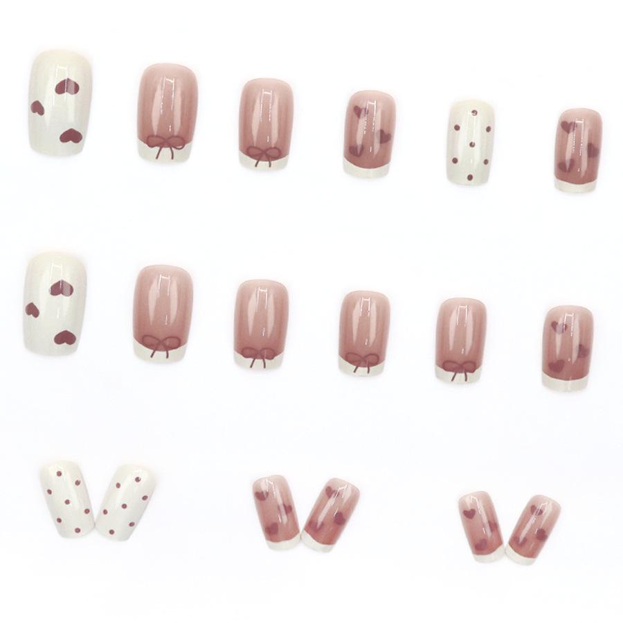 French Heart Bow Sweet Girl Whitening Detachable Nails - 24 Pieces