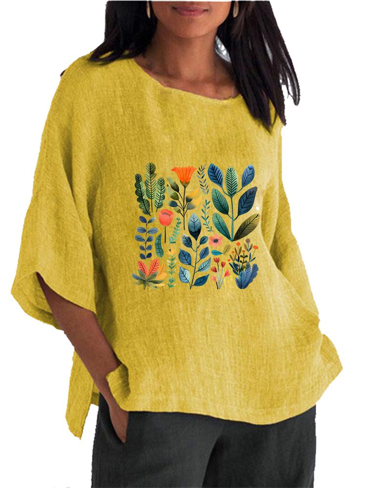 Women Fashion O Neck Print Shirt Spring&summer 3/4 Long Sleeved Top Ladies Cotton Linen Blouse