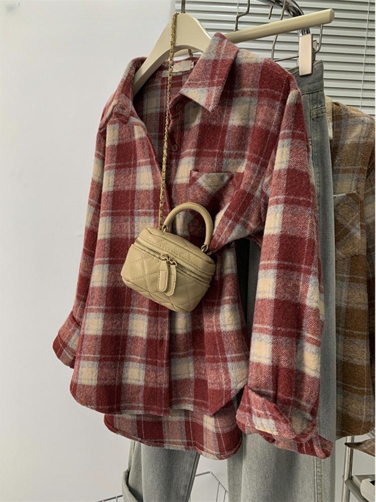 Women's Retro Red Plaid Brushed Shirt Jacket - Long Sleeve Casual Top for Autumn/Winter