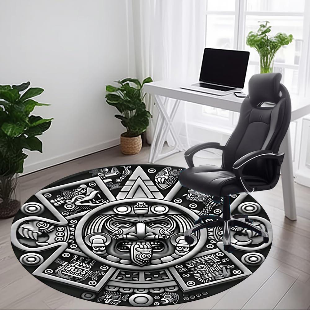 1pc Aztec Calendar Stone Office Round Area Rug, Under Office Chairs Bedroom Living Room Home Decor, Room Deco