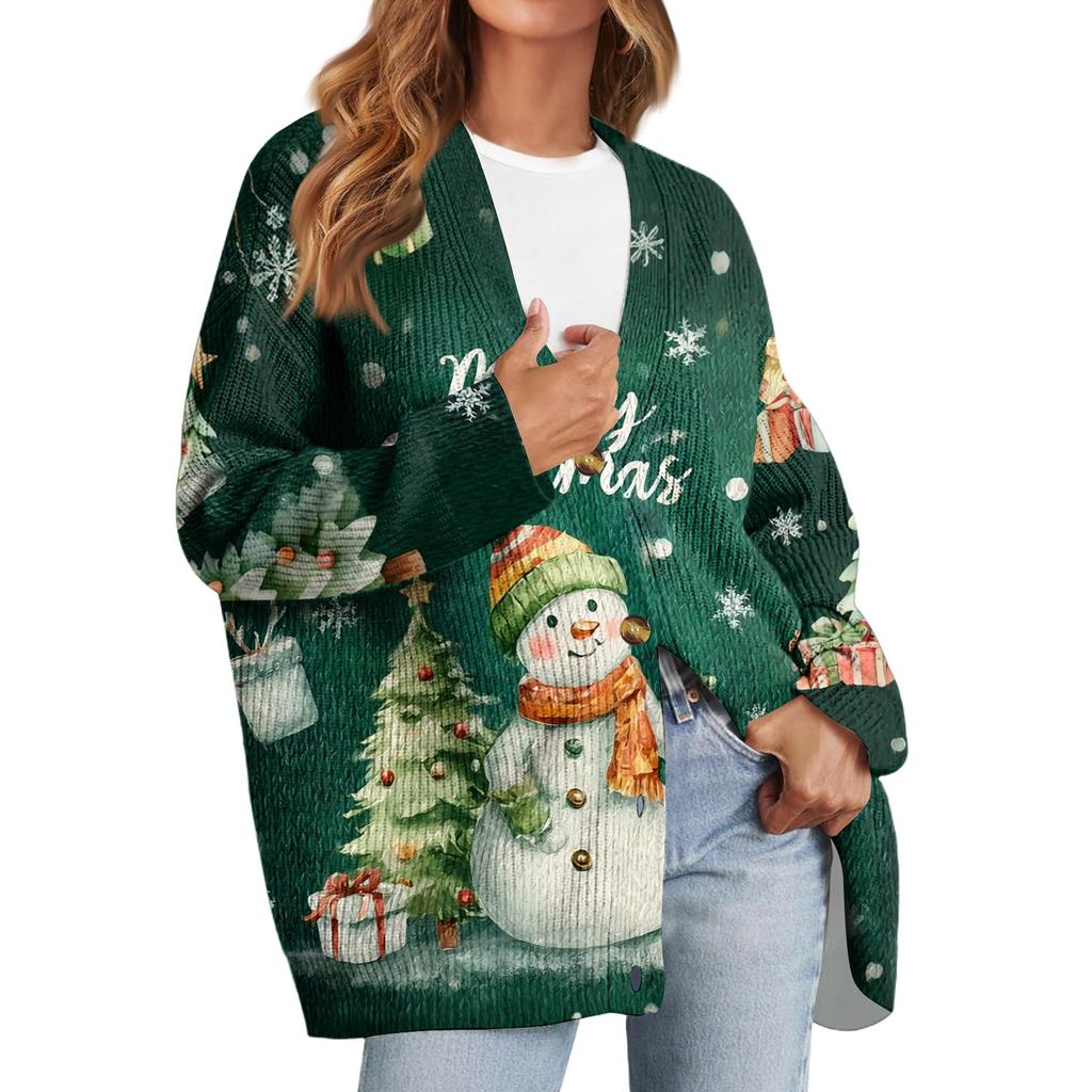 Women's Fashion Long Sleeve Christmas Print V-Neck Button Loose Cardigan Top