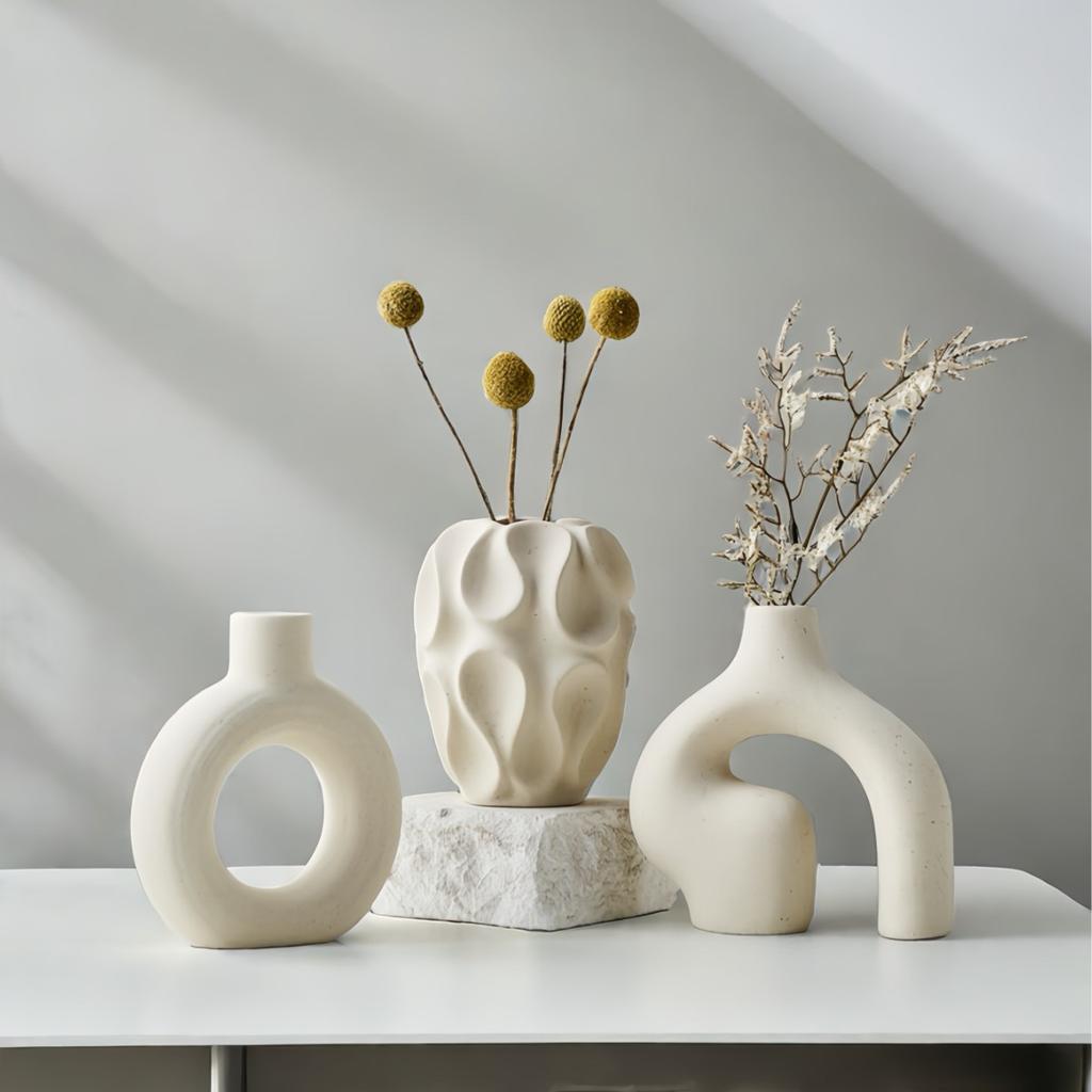 3pcs Boho Ceramic Vase Set, Geometric Pattern, Ideal for Trendy Home Decor, Living Room, Entryway, Coffee Table - No Battery Required, Decorative Gift