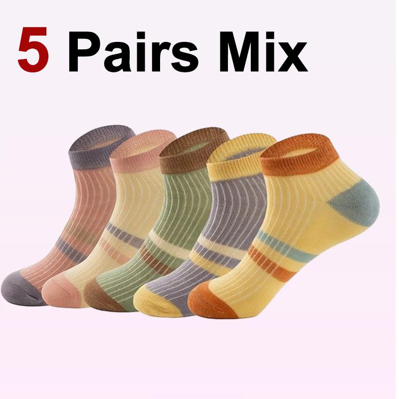 

5/10/20 Pairs Women Striped Knitted Socks Spring Summer Thin Sweat Absorbing Breathable Soft Comfortable Sports Leisure Socks One Size