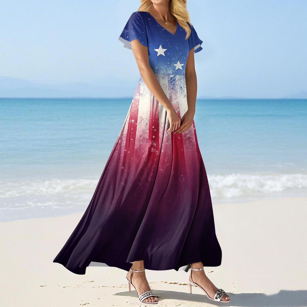 FashWomen's Loose Casual V-Neck Short Sleeved High Waisted Print Dress