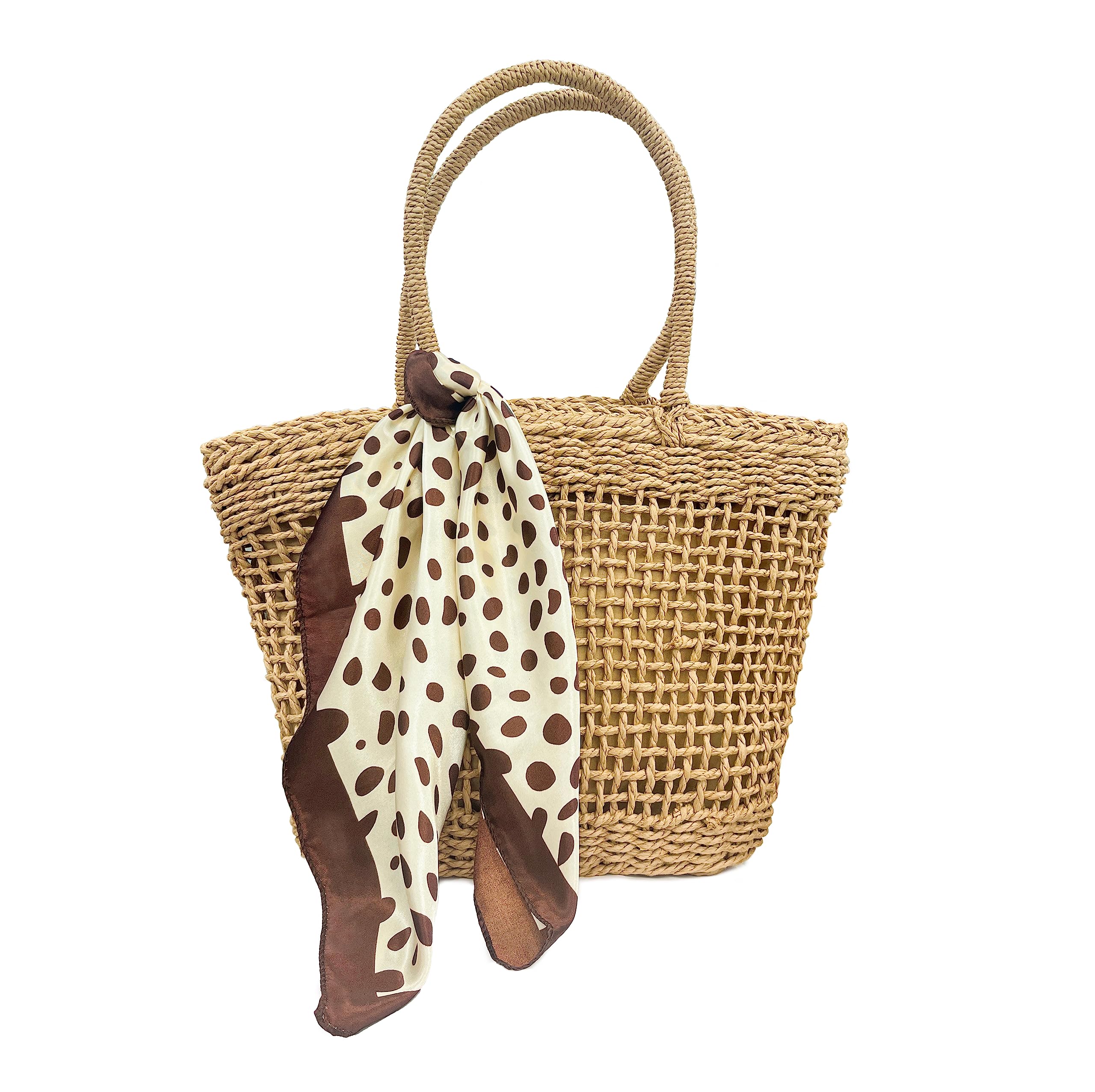 Женская плетёная соломенная сумка Muzhilun, Большая, с шарфом, Ручная плетеная корзина, Пляжная сумка, Плетеная вручную корзина (Сумка-плетенка с шарфом)