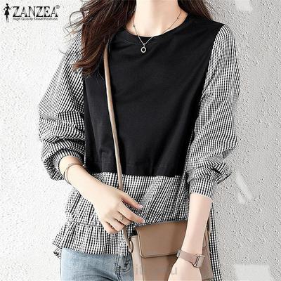 Women Casual Round Neck Plaid Print Long Sleeve Blouse
