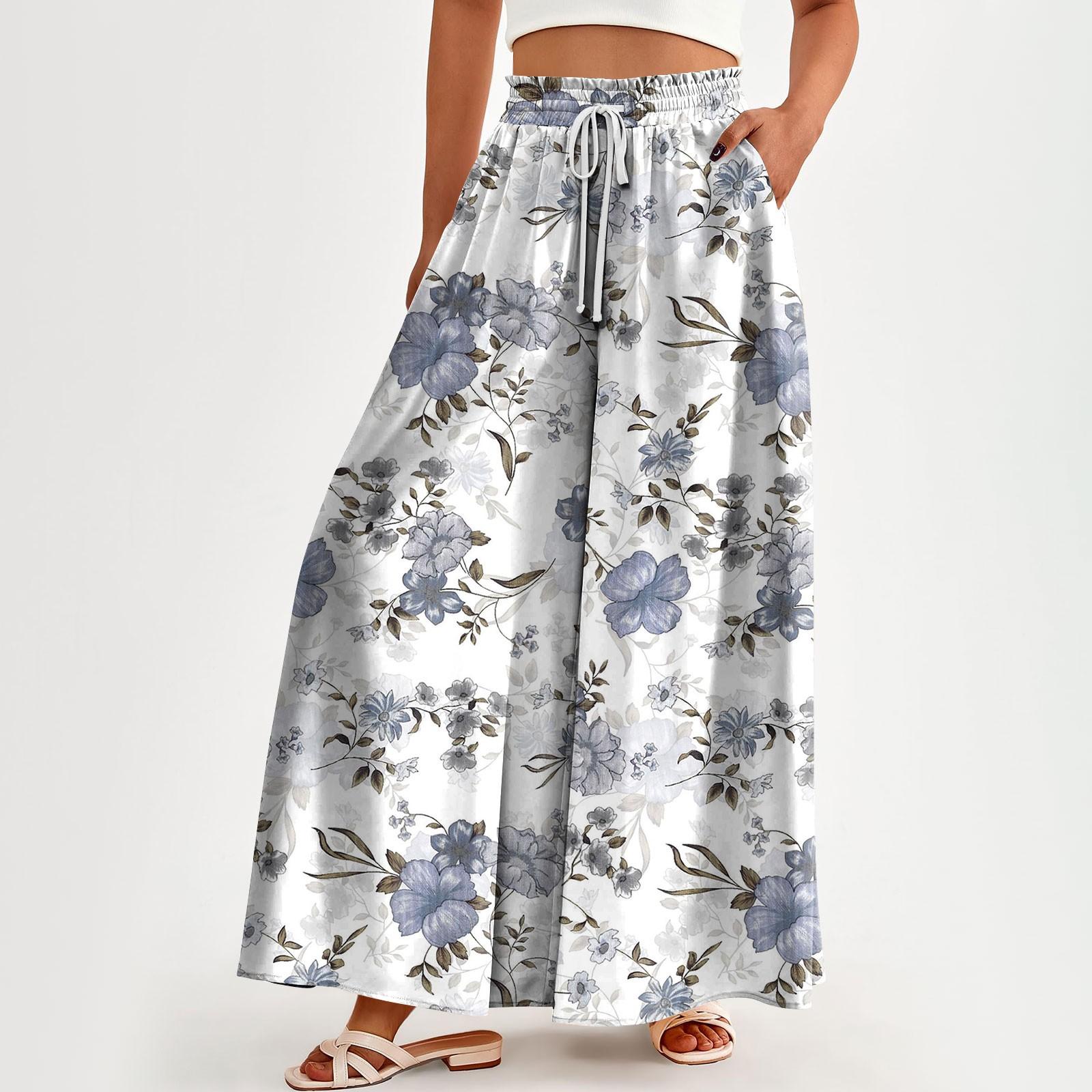 

Женские брюки с высокой талией, широкие, повседневные, струящиеся брюки-палаццо, брюки с цветочным принтом и карманом XXXL светло-фиолетовый