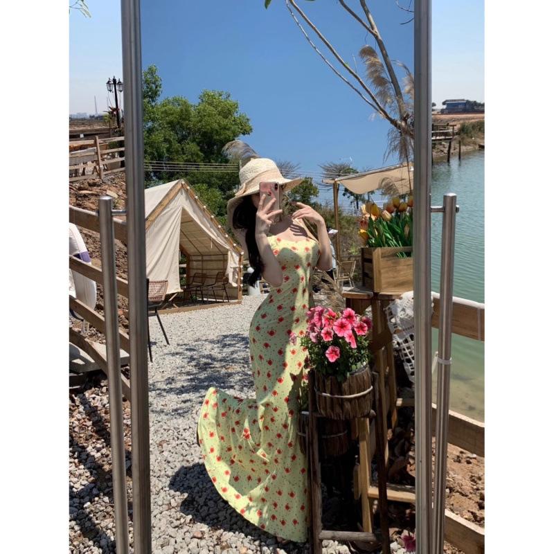 2025 Sommer Retro Französisch Gelb Floral Meerjungfrau Maxikleid