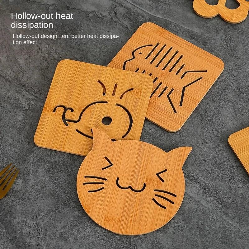 Cartoon Hollow Wooden Coasters Kitchen Tableware Thickened Anti-scalding Heat Insulation Wooden Non-slip Pan Bowl Pad