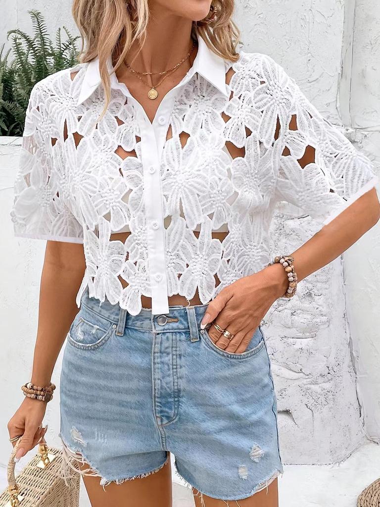 Elegant Women's Lace Blouse – European & American Fashion, Versatile for Casual, Vacation, and Parties, with Hollow Out Design