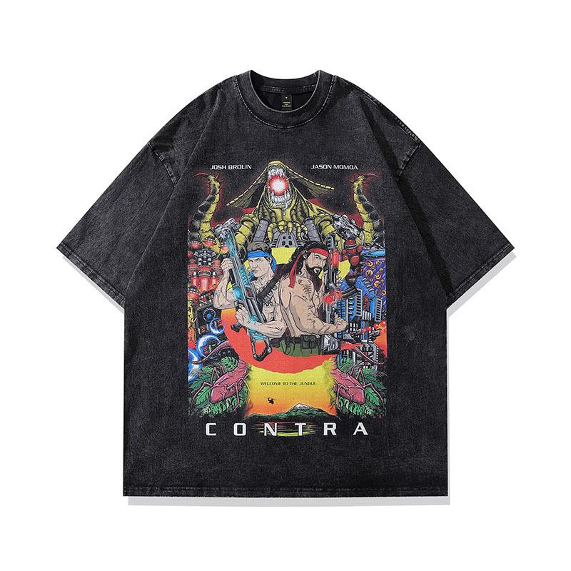 American High Street Vintage Print Oversize Small Neckline Short Sleeve T-Shirt Washed Half Sleeve Top