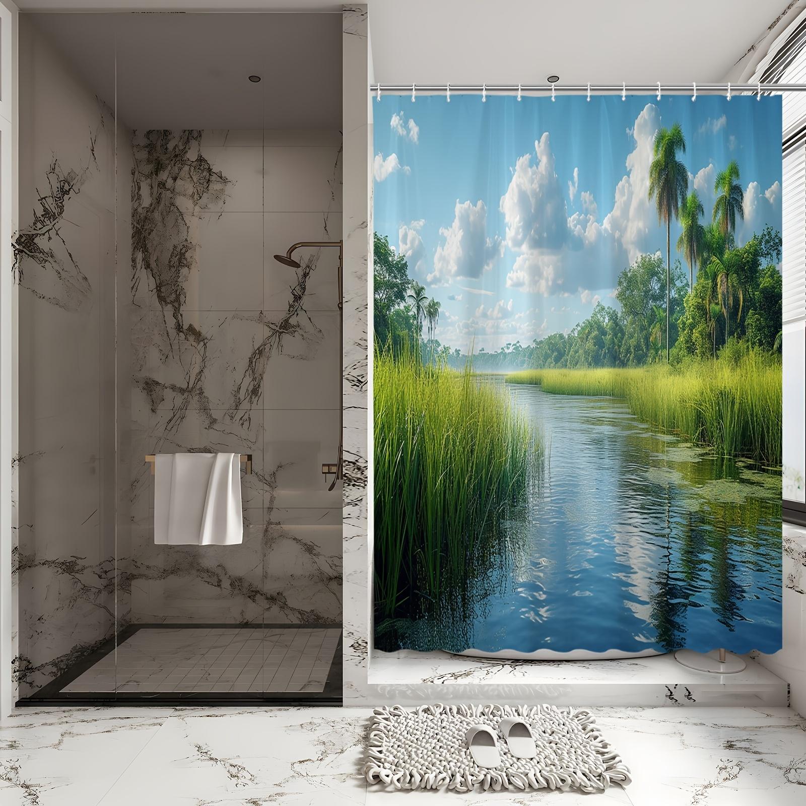

Serene Tropical River Bath Curtain - Palm Trees & Blue Sky, Waterproof Home Decor Adds Tranquility to Your Bathroom W90XH180cm