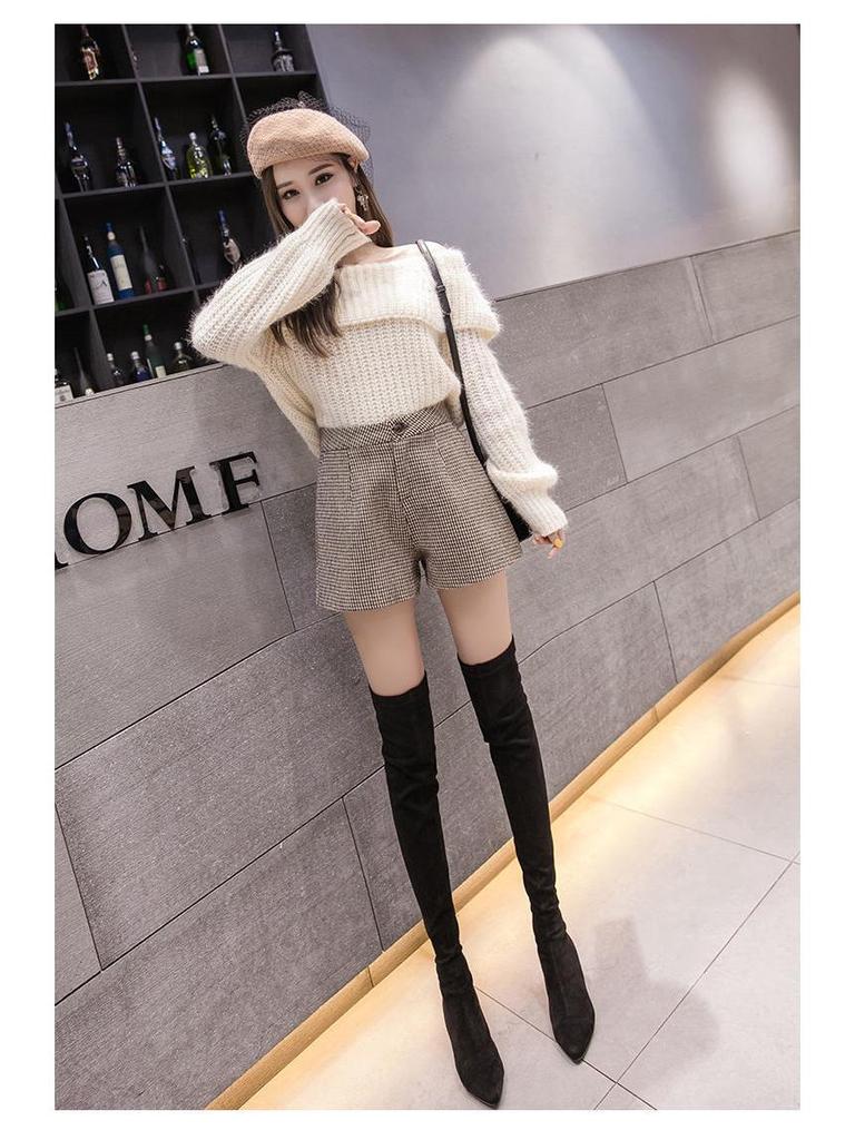 Pantaloni scurți de damă cu talie înaltă, din lână, cu imprimeu pied-de-poule, croială A-line - Toamnă/Iarnă 2022