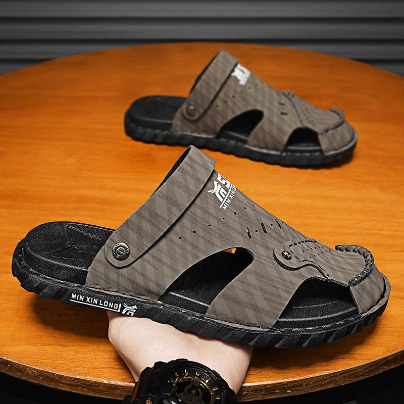 

Slippers men s 2025 new summer outdoor breathable two wear bag head sandals men s leather soft sole driving beach shoes 44 коричневый