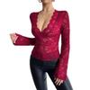 Spring and Summer Ladies Solid Color Sexy Lace Slim V-neck Long-sleeved T-shirt Tops Women Versatile Closet Essential Fashion Items Shirt