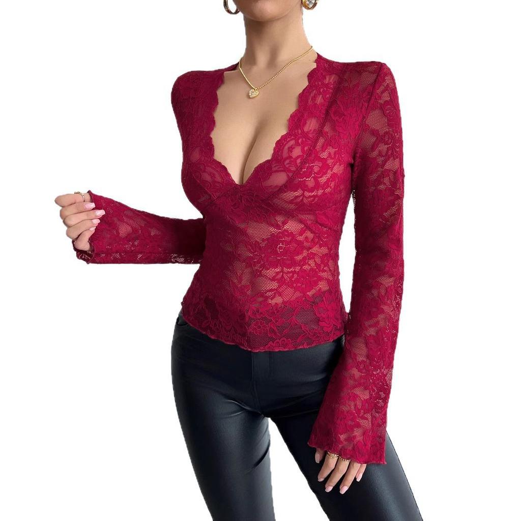 Spring and Summer Ladies Solid Color Sexy Lace Slim V-neck Long-sleeved T-shirt Tops Women Versatile Closet Essential Fashion Items Shirt