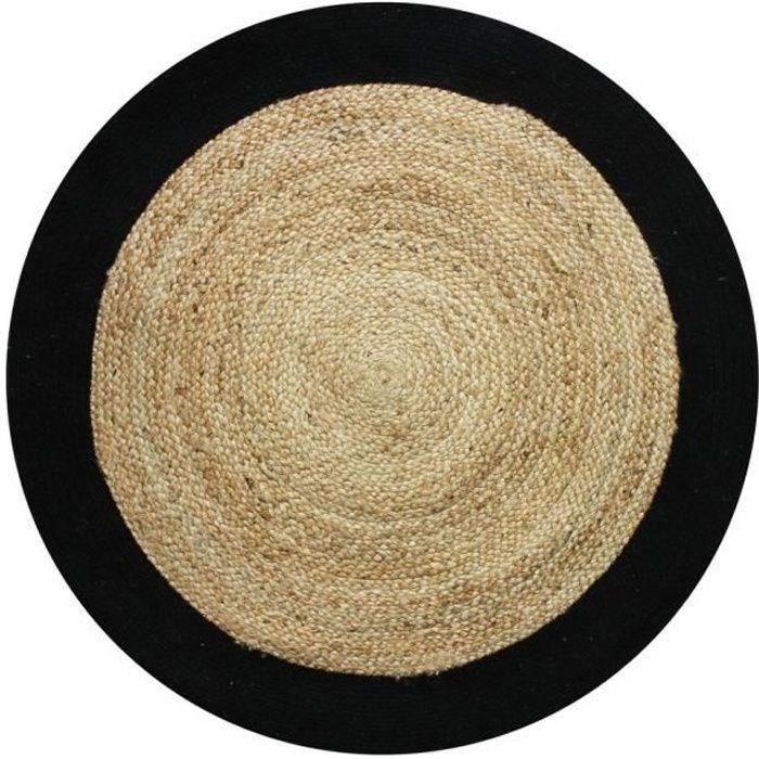 FUNNY JUTE - Tapis salon ou chambre en jute naturel rond diamètre 90 cm - Bord Noir