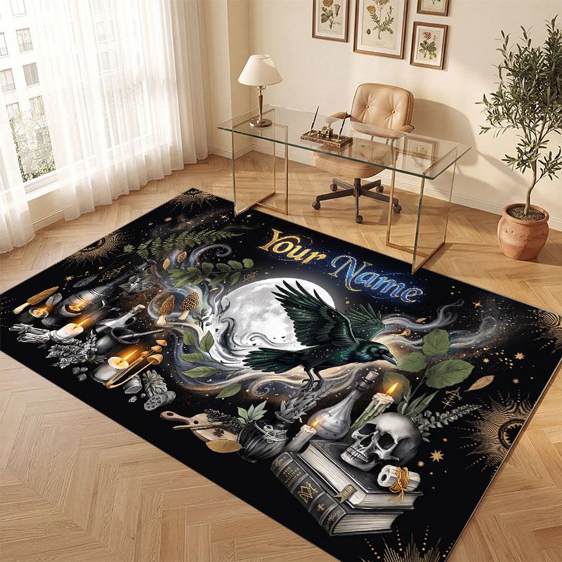 Skull Gothic Theme Crystal Velvet Floor Rug Personalized Custom Name Text Warm Carpet Home Decoration