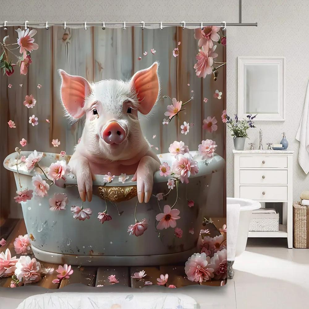 Cute Pig In Bathtub Bath Curtain for Kids Funny Cartoon Animals Rustic Wooden Plank Polyester Fabric Bath Curtain Bathroom Decor